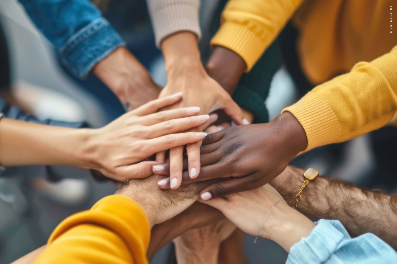 Mehrere Hände verschiedener Personen greifen zusammen – Ausdruck von Zusammenhalt, Diversität, Vertrauen und Teamgeist im Arbeitsalltag der IHK Akademie München und Oberbayern.