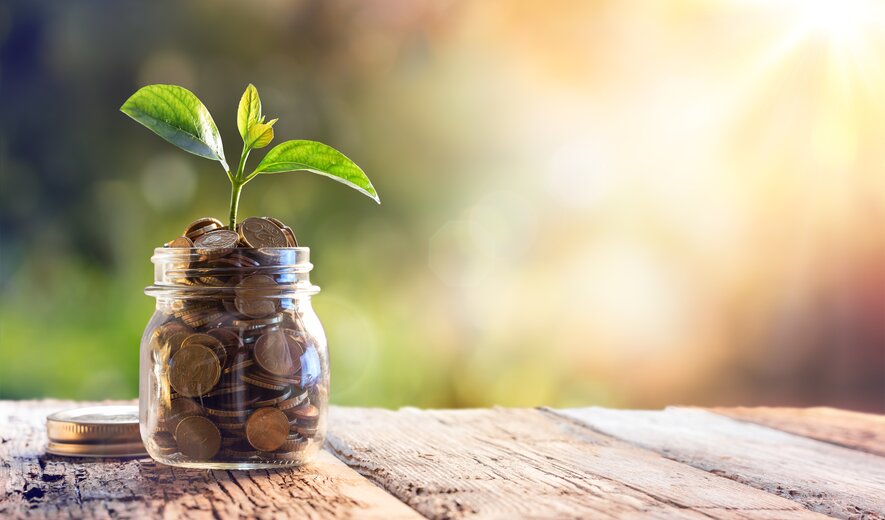 Pflanze wächst aus Glas voller Münzen als Symbol für nachhaltiges Wachstum und Investitionen