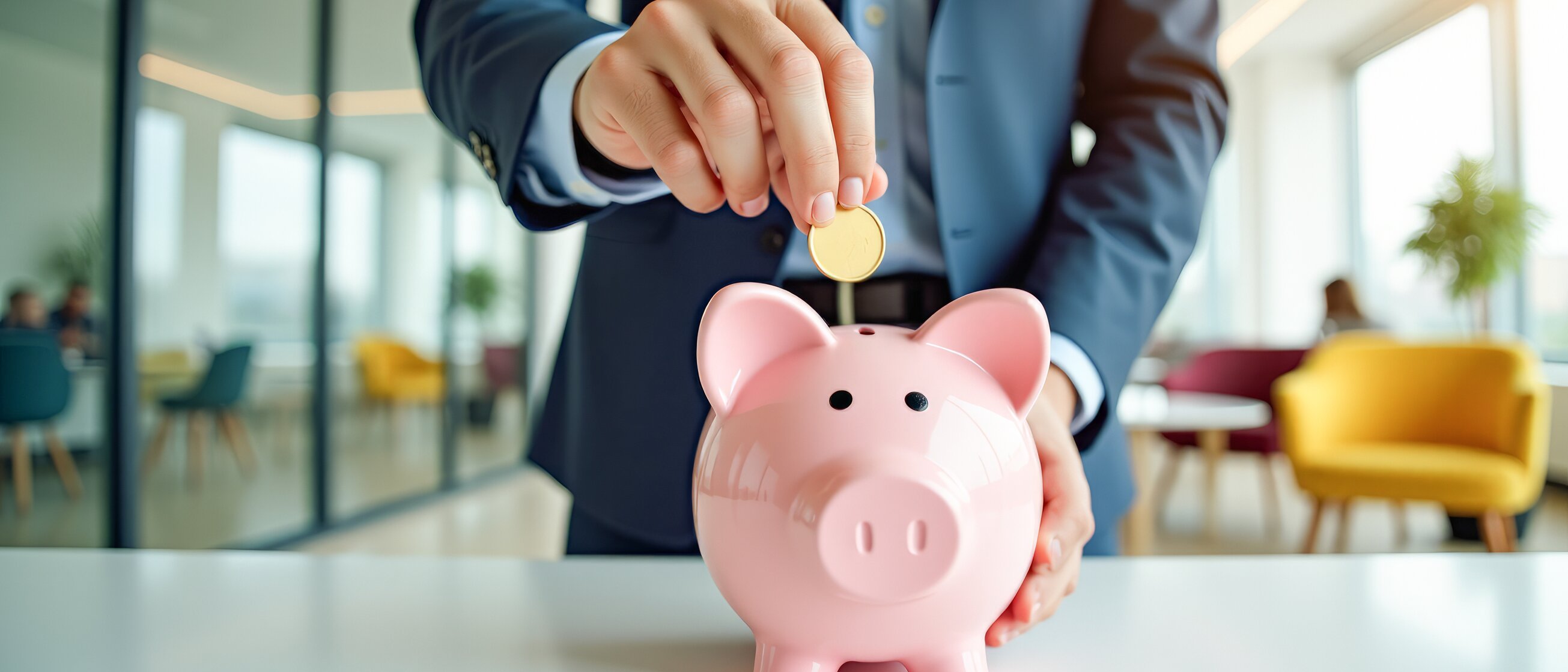 Geschäftsperson legt Münze in rosafarbenes Sparschwein – Symbol für Seminarrabatte und Sonderkonditionen der IHK Akademie