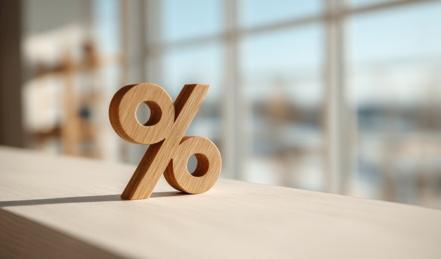 Holzsymbol in Form eines Prozentzeichens als Darstellung von Rabatten und finanziellen Vorteilen