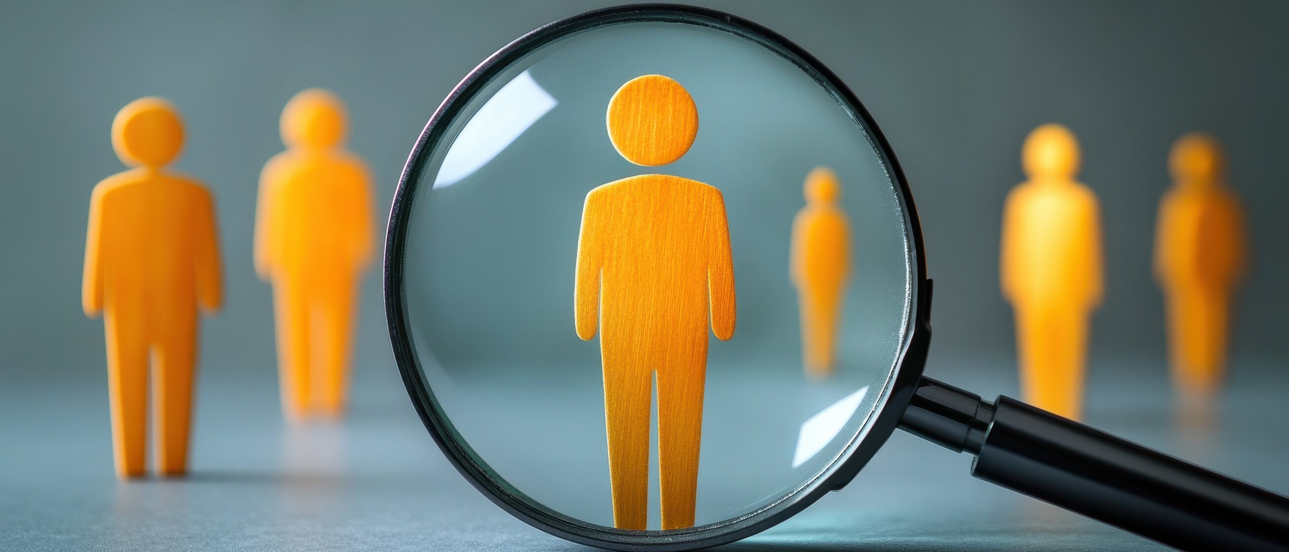 Orangefarbene Figuren mit Lupe hervorgehoben – steht sinnbildlich für den Fokus auf Menschen, individuelle Entwicklung und die Förderung von Potenzialen bei der IHK Akademie München und Oberbayern.