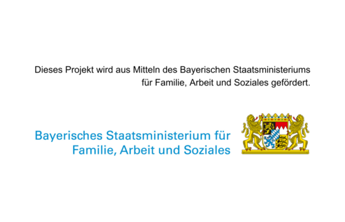 Das Bild zeigt einen kurzen Hinweistext sowie das Logo des Bayerischen Staatsministeriums für Familie, Arbeit und Soziales mit dem bayerischen Staatswappen.
