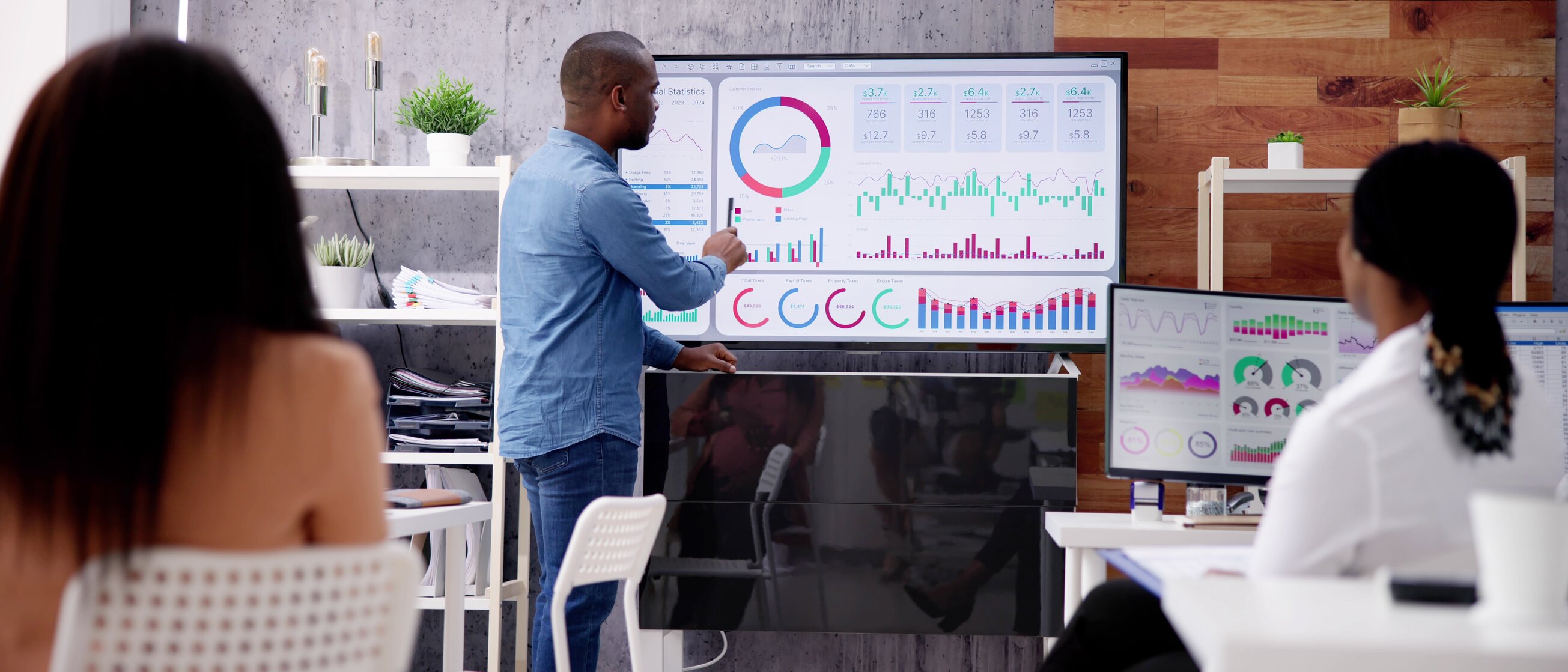 Trainer präsentiert Team eine Inhouse-Schulung bei der IHK Akademie mit Datenanalyse auf dem Bildschirm