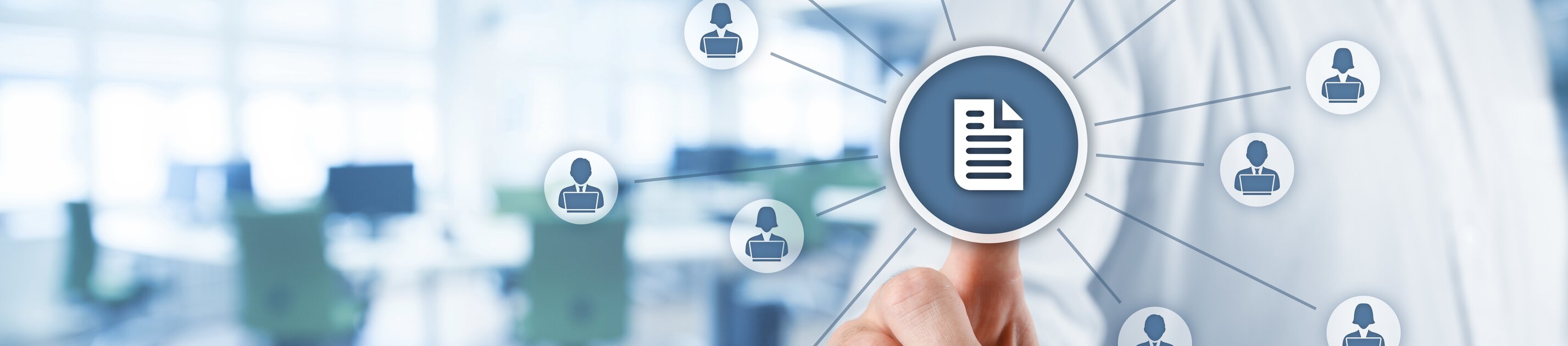Digitale Vernetzung von Dokumenten und Personen im Büro dargestellt durch verknüpfte Icons