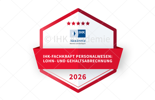 Grafisches Abzeichen der IHK Akademie München und Oberbayern für den Lehrgang IHK-Fachkraft Personalwesen - Lohn- und Gehaltsabrechnung.