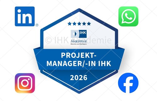 Abbildung eines digitalen Open Badges der IHK Akademie inklusive Social Icons, auf denen man das Badge teilen kann.