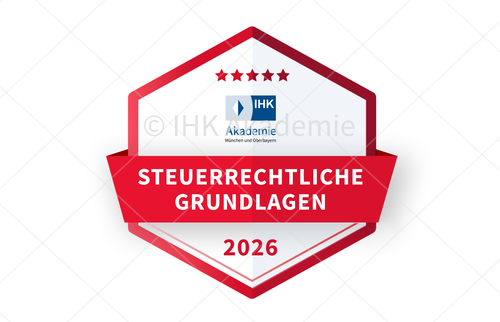 Grafisches Abzeichen der IHK Akademie München und Oberbayern für den Lehrgang IHK-Fachkraft Rechnungswesen - Steuerrechtliche Grundlagen.