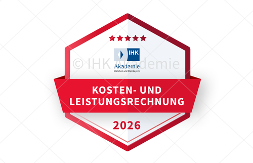 Grafisches Abzeichen der IHK Akademie München und Oberbayern für den Lehrgang IHK-Fachkraft Rechnungswesen - Kosten- und Leistungsrechnung.