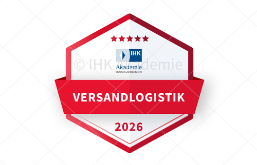 Grafisches Abzeichen der IHK Akademie München und Oberbayern für den Lehrgang IHK-Fachkraft Logistik - Versandlogistik.