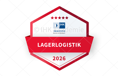 Grafisches Abzeichen der IHK Akademie München und Oberbayern für den Lehrgang IHK-Fachkraft Logistik - Lagerlogistik.