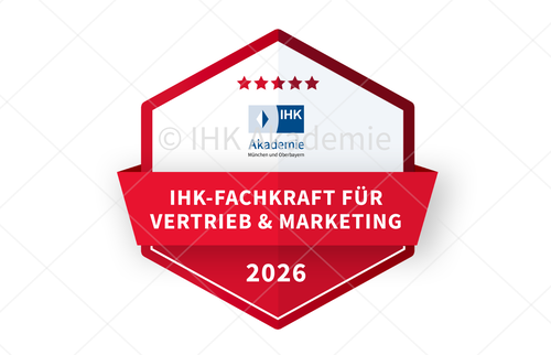 Darstellung des Open Badges der IHK Akademie für den Lehrgang IHK-Fachkraft für Vertrieb und Marketing.
