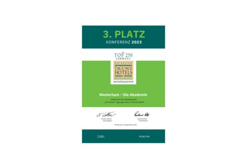 Urkunde Top250 Germany 2023 – Akademie Westerham belegt 3. Platz in der Kategorie Konferenz bei den besten Tagungshotels Deutschlands