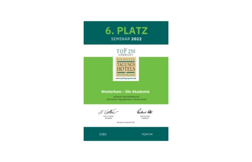 Urkunde Top250 Germany 2022 – Akademie Westerham erreicht 6. Platz in der Kategorie Seminar bei der Wahl der besten Tagungshotels Deutschlands