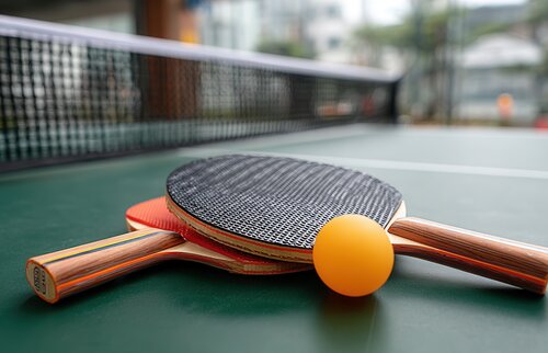 Tischtennisschläger und Ball auf einer Outdoor-Platte als Freizeitangebot im Tagungshotel Westerham