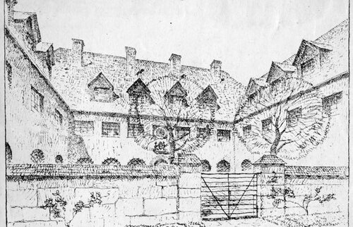 Architektonische Zeichnung des ursprünglichen Kurheims Westerham von Georg W. Buchner – Entwurf eines Gebäudes im Einklang mit der Natur, mit Innenhof, Bäumen und traditioneller Dachgestaltung