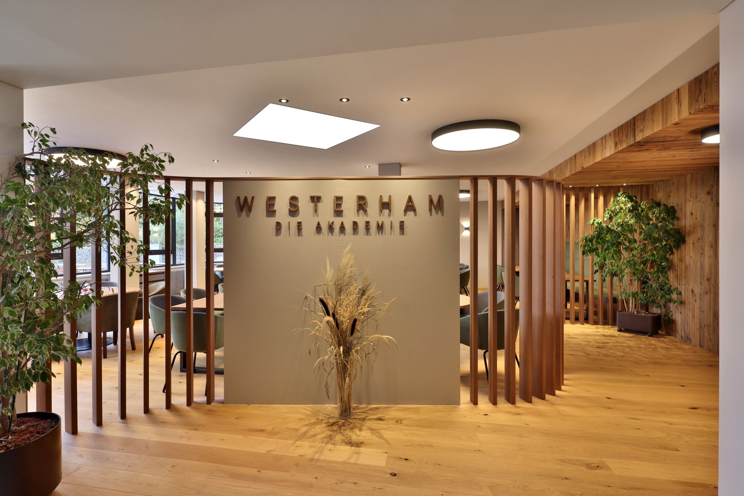 Eingangsbereich der Akademie Westerham mit modernem Design und natürlicher Holzeinrichtung