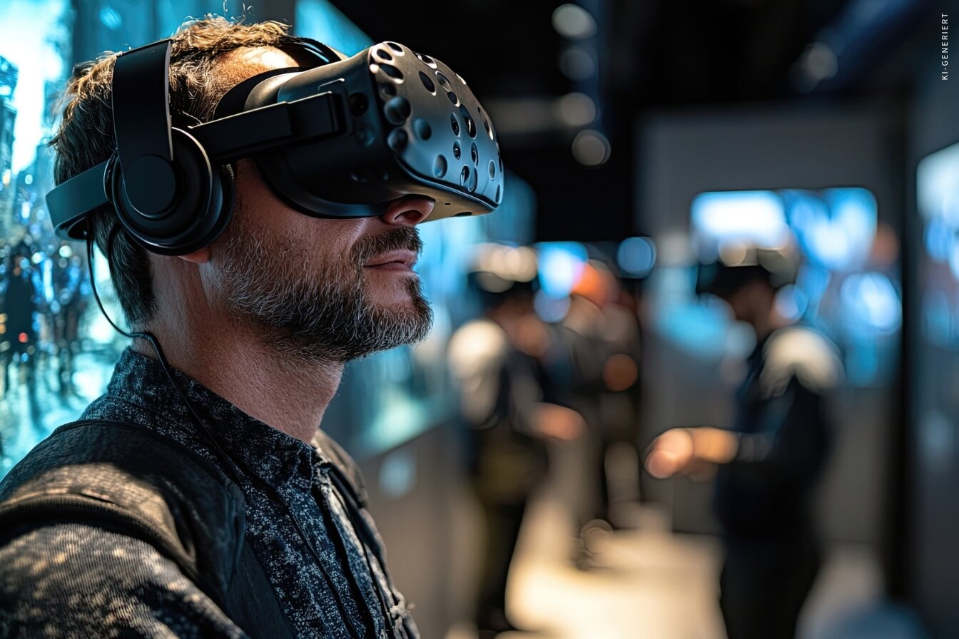 Mann trägt eine Virtual-Reality-Brille und Kopfhörer, im Hintergrund weitere Personen in einem modernen Raum mit Bildschirmen