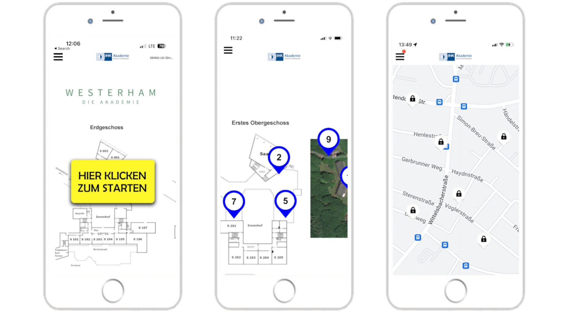 app-interface mit digitaler gebäude- und umgebungskarte der akademie westerham auf dem smartphone