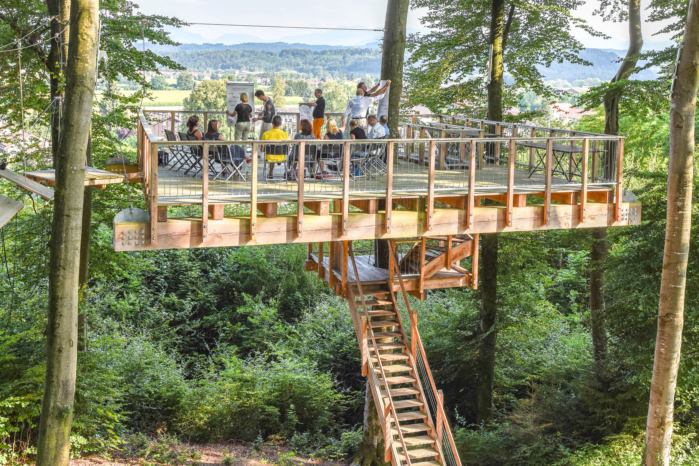 Teilnehmergruppe auf der Westerhamer Teamplattform mit Blick über die Landschaft – Lern- und Begegnungsort inmitten der Natur