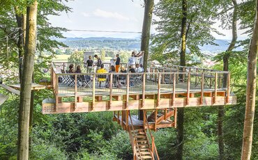 Gruppe von TeilnehmeGruppe von Menschen steht auf einer hölzernen Plattform zwischen hohen Bäumen – Teamtraining auf der Westerhamer Teamplattform mit Blick ins Talnden steht auf der hölzernen Teamplattform im Westerhamer Akademiewald
