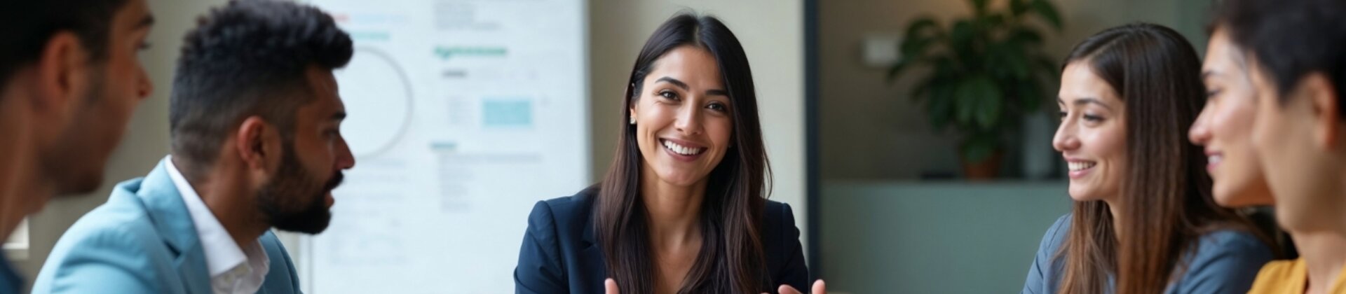 Eine Gruppe von fünf Personen sitzt in einem Besprechungsraum um einen Tisch, während eine Frau in der Mitte lächelnd spricht und die anderen aufmerksam zuhören.