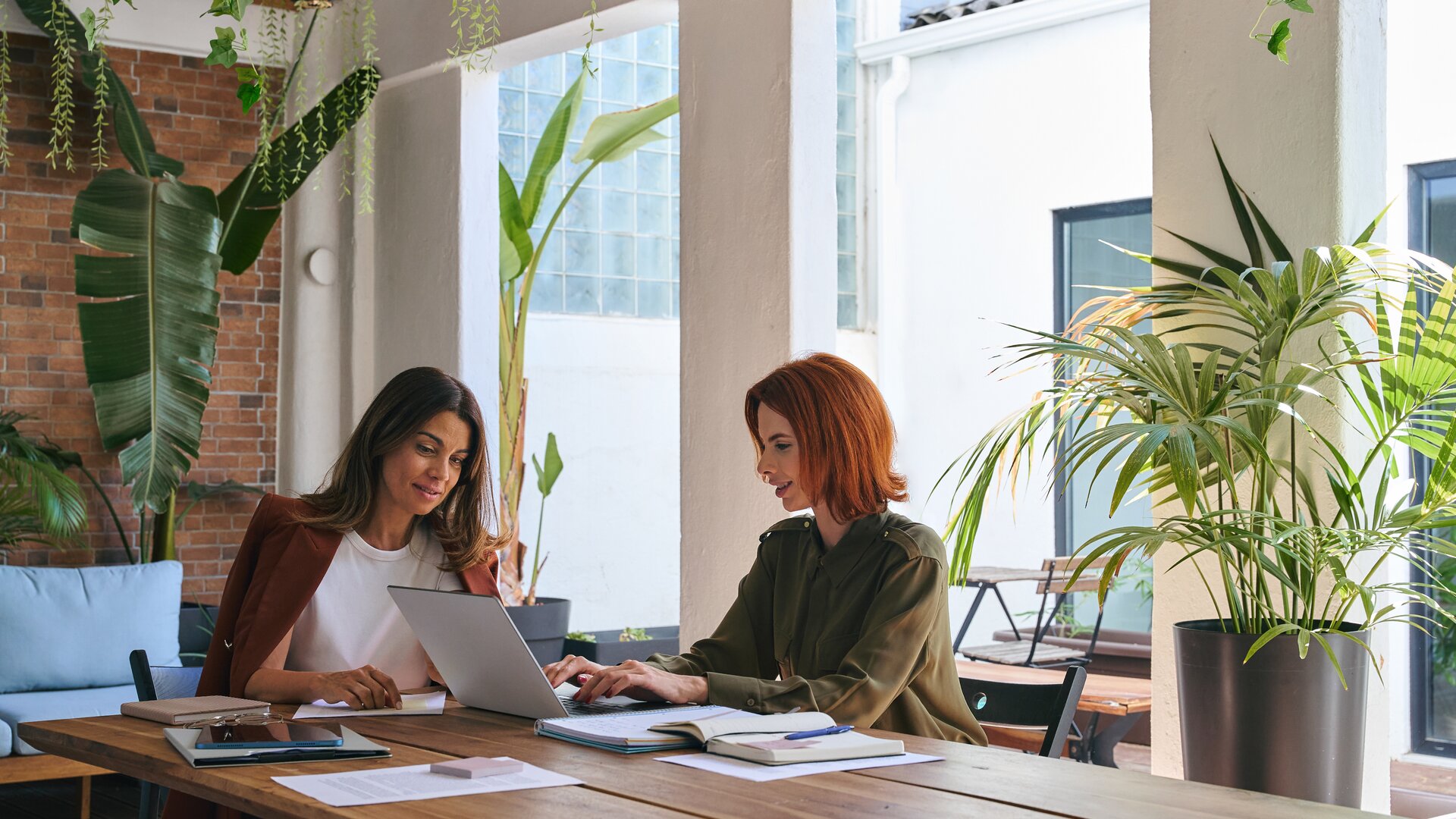Zwei Frauen sitzen an einem Tisch in einem hellen, grünen Arbeitsumfeld und arbeiten gemeinsam an einem Laptop.