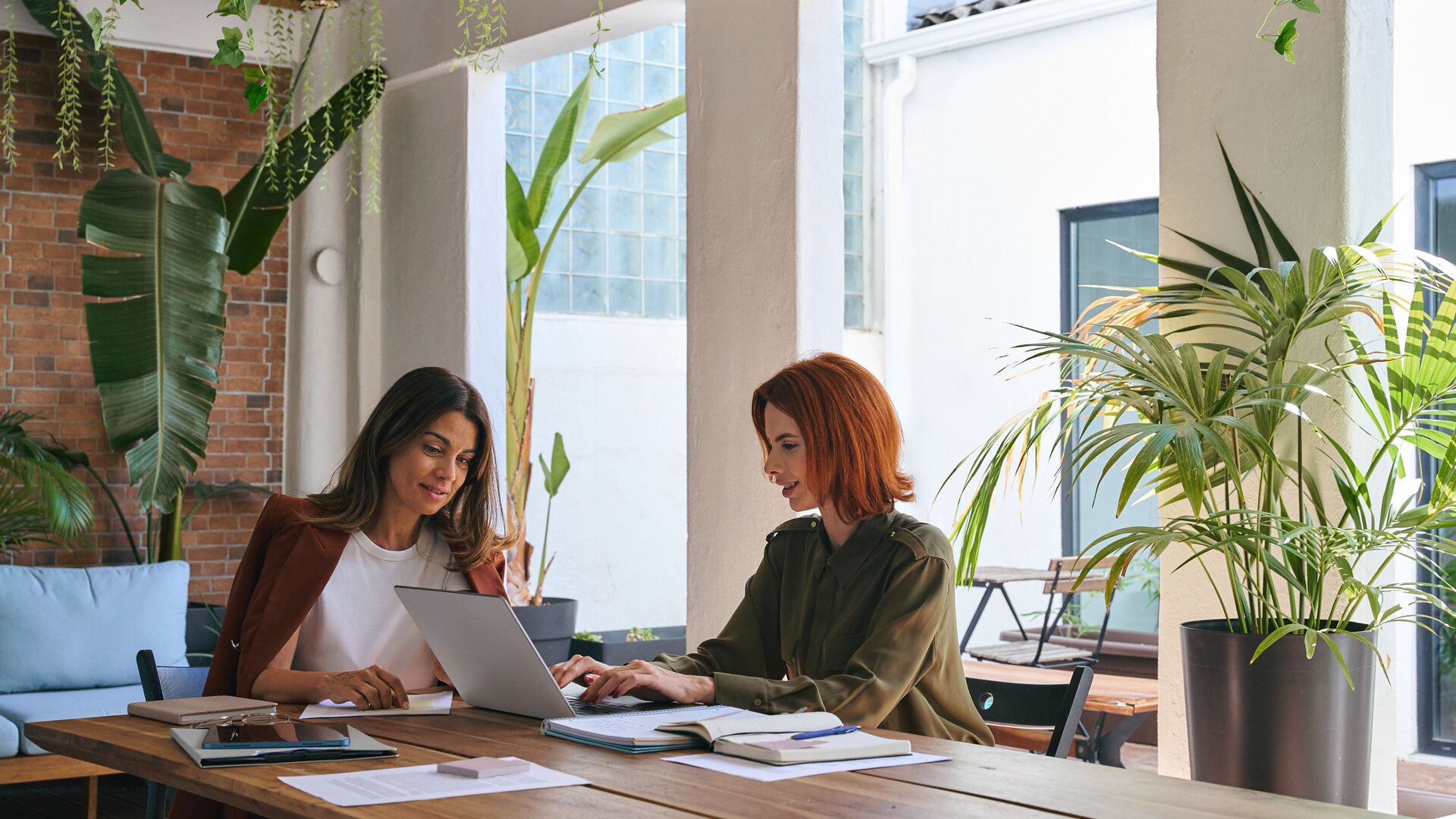 Zwei Frauen sitzen an einem Tisch in einem hellen, grünen Arbeitsumfeld und arbeiten gemeinsam an einem Laptop.