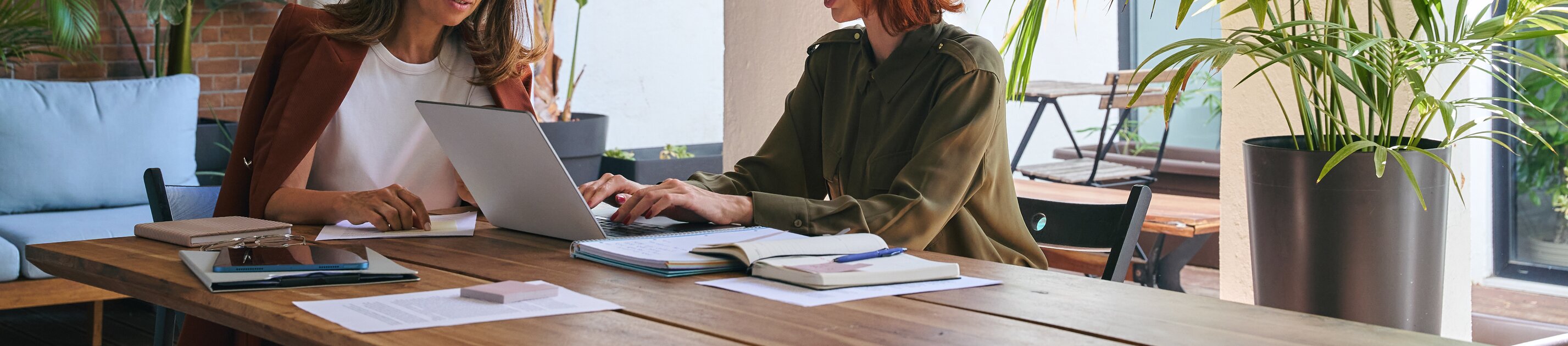 Zwei Frauen sitzen an einem Tisch in einem hellen, grünen Arbeitsumfeld und arbeiten gemeinsam an einem Laptop.