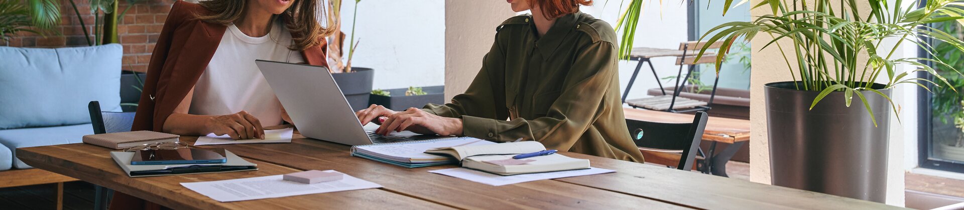Zwei Frauen sitzen an einem Tisch in einem hellen, grünen Arbeitsumfeld und arbeiten gemeinsam an einem Laptop.
