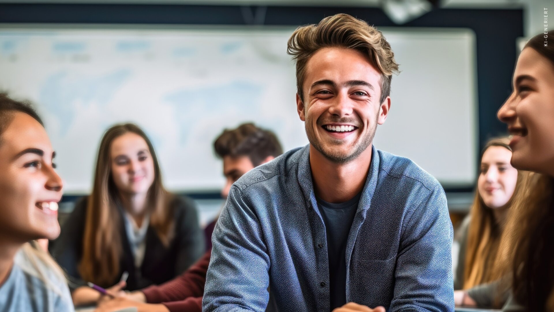 Ein junger Mann sitzt lächelnd inmitten einer Gruppe von Menschen in einem Klassen- oder Seminarrraum.