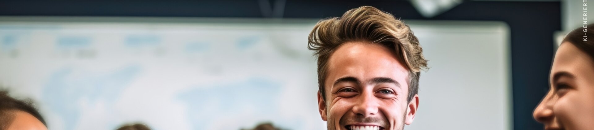 Ein junger Mann sitzt lächelnd inmitten einer Gruppe von Menschen in einem Klassen- oder Seminarrraum.