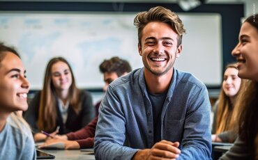Junge Menschen sitzen lachend im Seminarraum – Symbol für motivierte Auszubildende in der Weiterbildung.