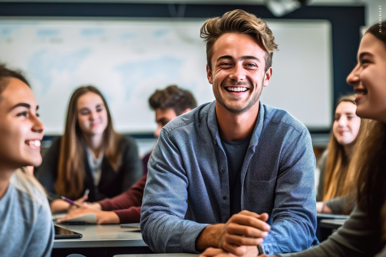 Junge Menschen im Unterricht, lachend und konzentriert – Symbol für motivierte Auszubildende und Lernfreude.