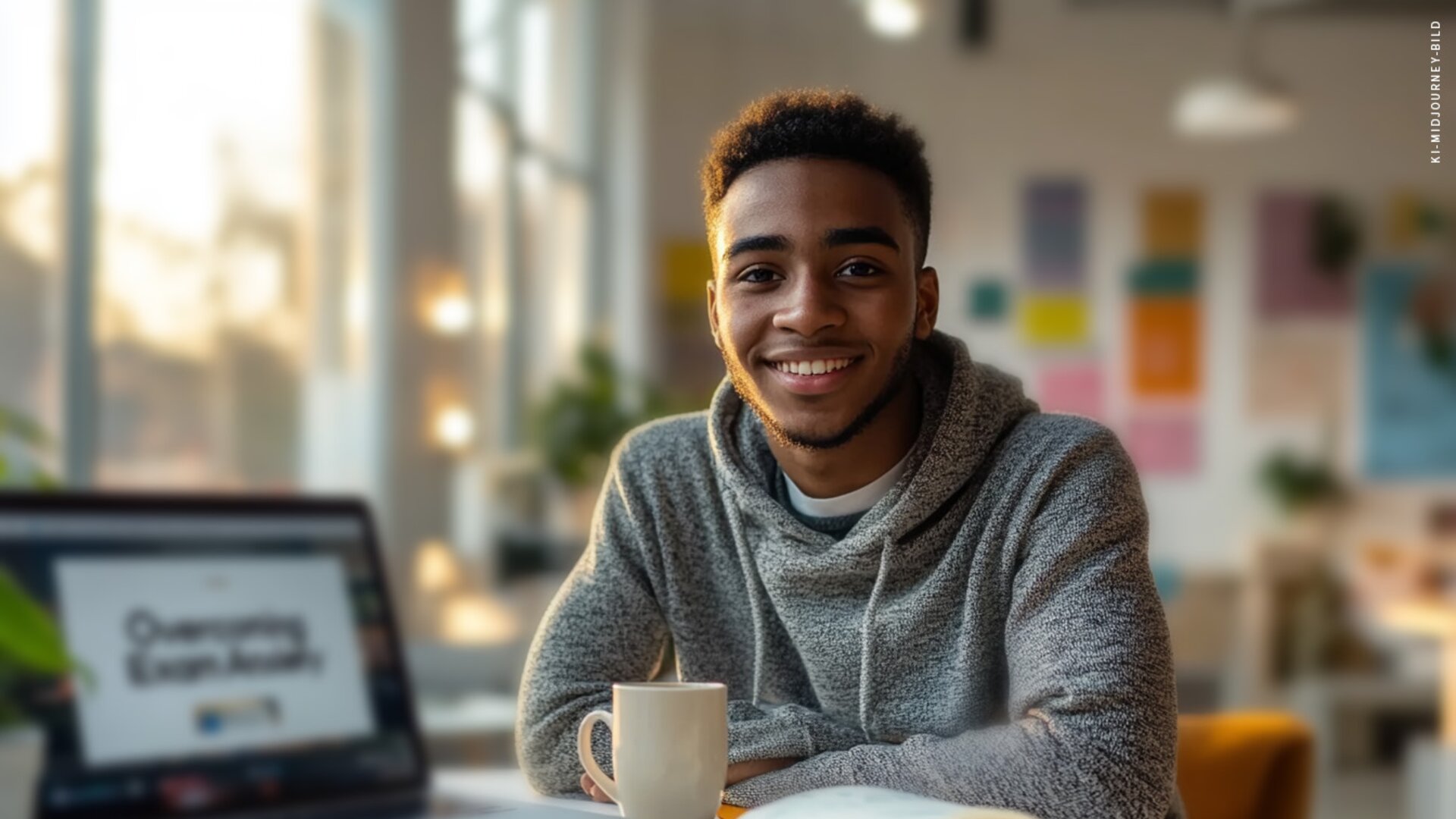 Ein junger Mann sitzt lächelnd an einem Tisch, vor sich ein geöffnetes Buch und eine Tasse Kaffee.