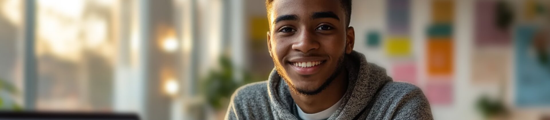 Ein junger Mann sitzt lächelnd an einem Tisch, vor sich ein geöffnetes Buch und eine Tasse Kaffee.
