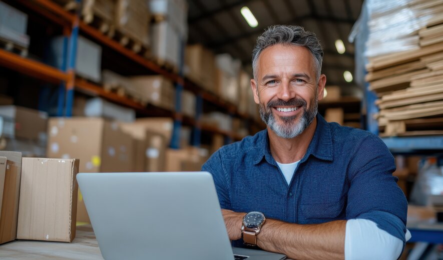 Ein Mann arbeitet lächelnd an einem Laptop inmitten eines Lager- oder Versandbereichs.
