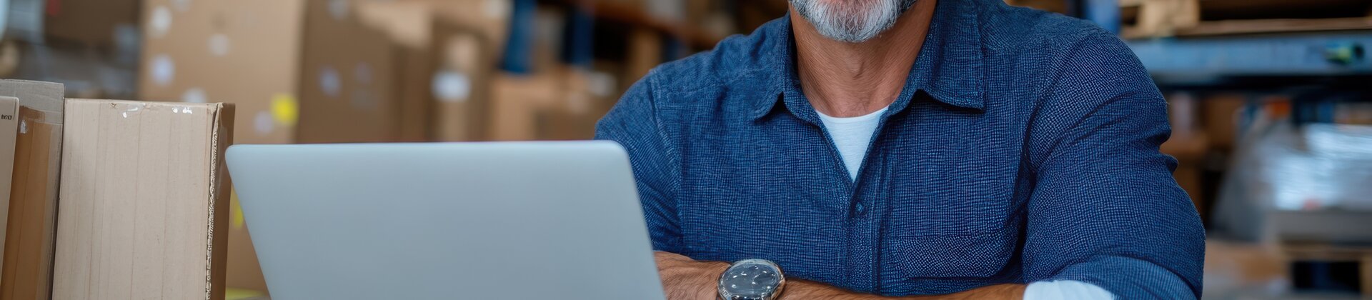 Ein Mann arbeitet lächelnd an einem Laptop inmitten eines Lager- oder Versandbereichs.