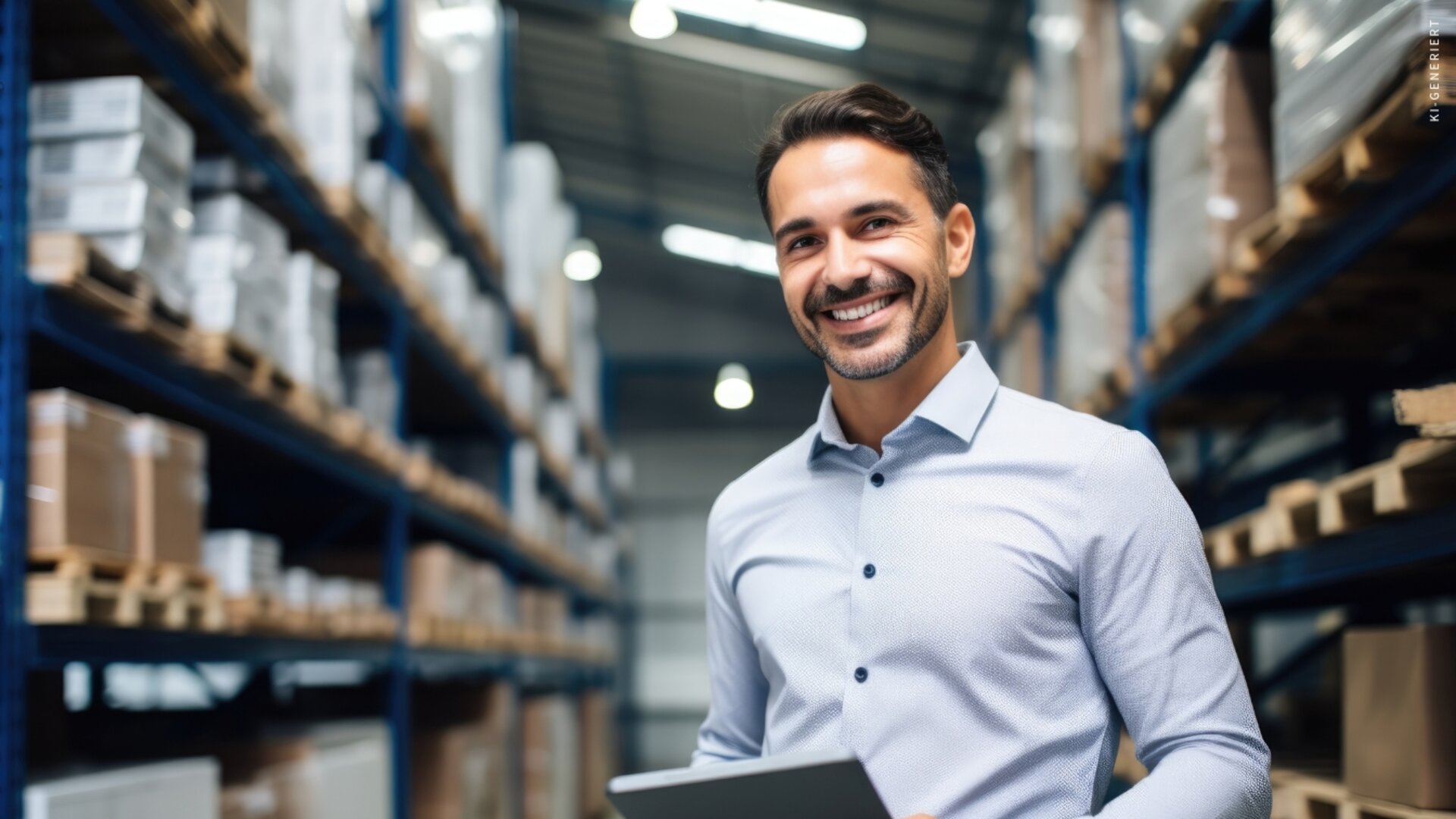 Ein lächelnder Mann hält ein Tablet in den Händen und steht in einem großen Lagergang zwischen hohen Regalen voller Kartons.