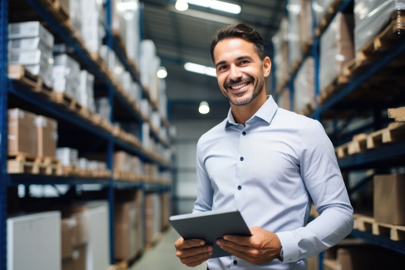 Ein lächelnder Mann hält ein Tablet in den Händen und steht in einem großen Lagergang zwischen hohen Regalen voller Kartons.