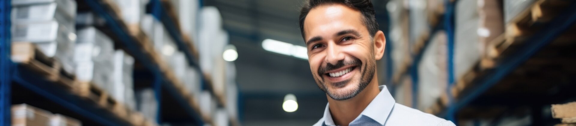 Ein lächelnder Mann hält ein Tablet in den Händen und steht in einem großen Lagergang zwischen hohen Regalen voller Kartons.