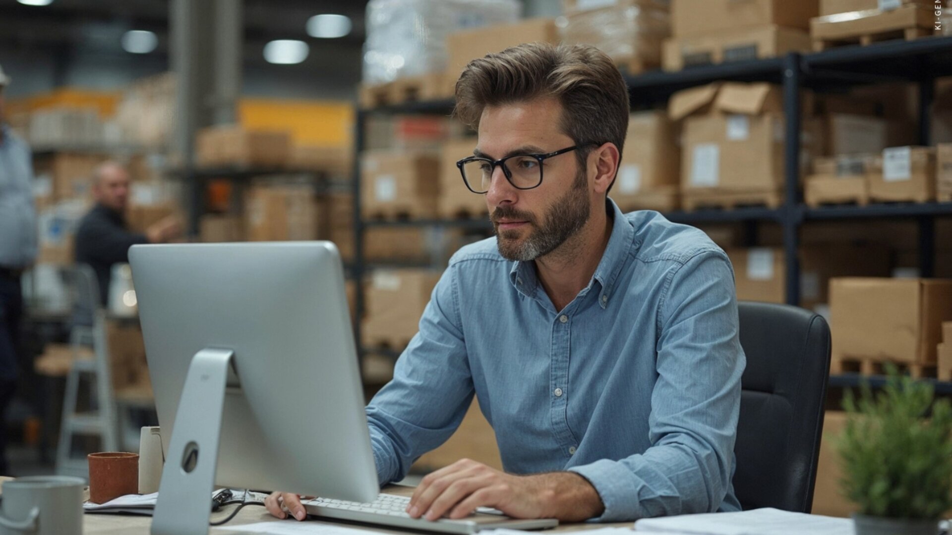Ein Mitarbeiter arbeitet konzentriert am Computer in einem Lagerbüro, umgeben von Regalen voller Kartons.