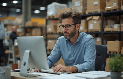 Ein Gepr. Logistikmeister sitzt vor seinem PC und prüft den Warenbestand im Lager. 