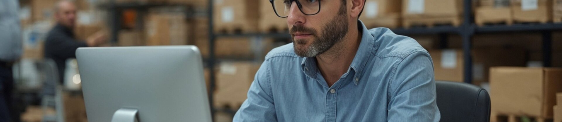 Ein Mitarbeiter arbeitet konzentriert am Computer in einem Lagerbüro, umgeben von Regalen voller Kartons.