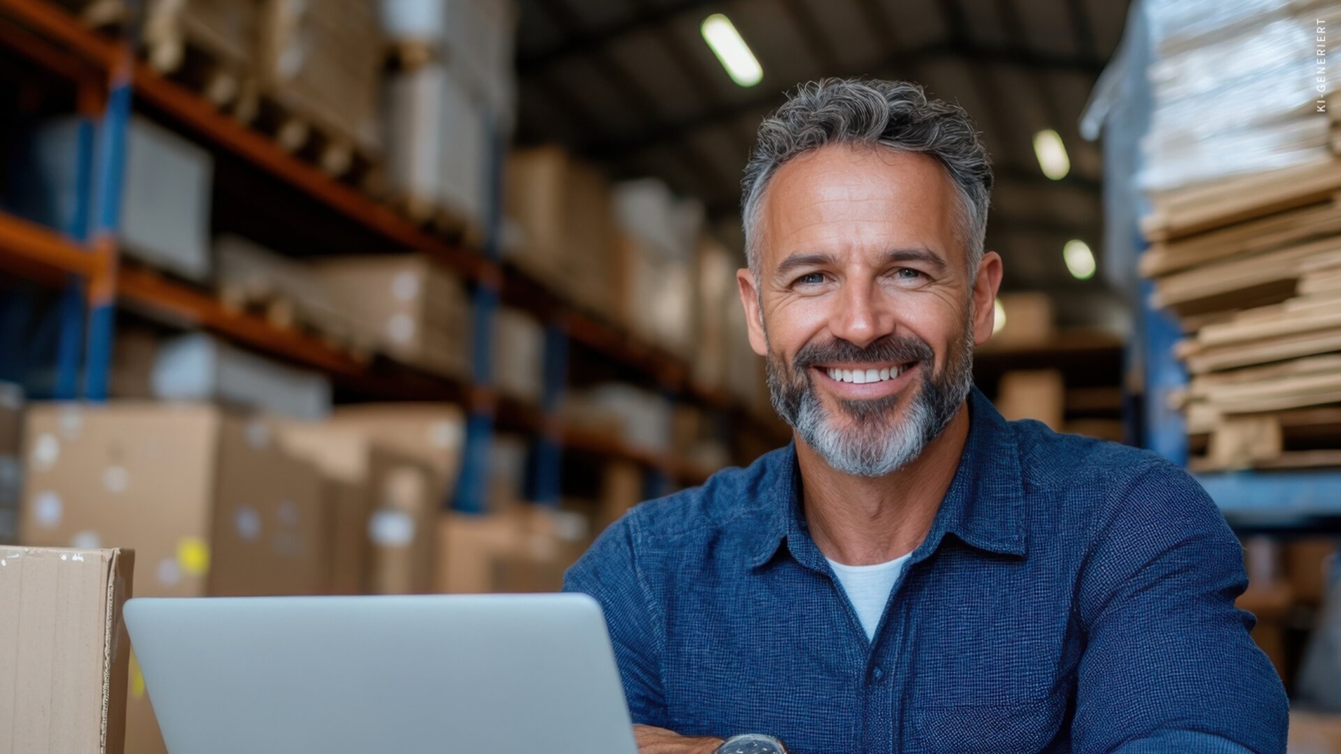 Ein gut gelaunter Lagerarbeiter sitzt vor seinem Laptop inmitten gestapelter Kartons.