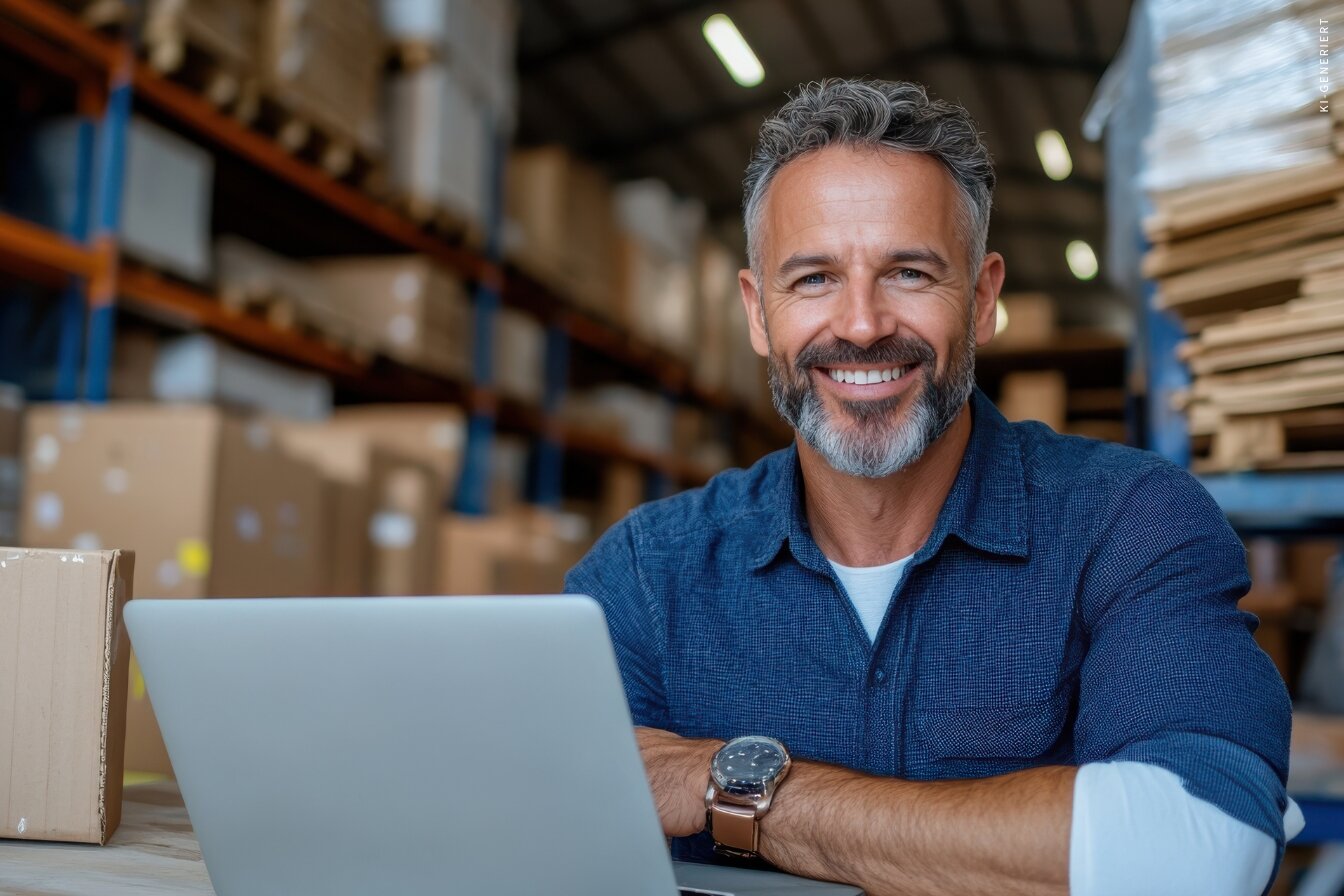Ein gut gelaunter Lagerarbeiter sitzt vor seinem Laptop inmitten gestapelter Kartons.