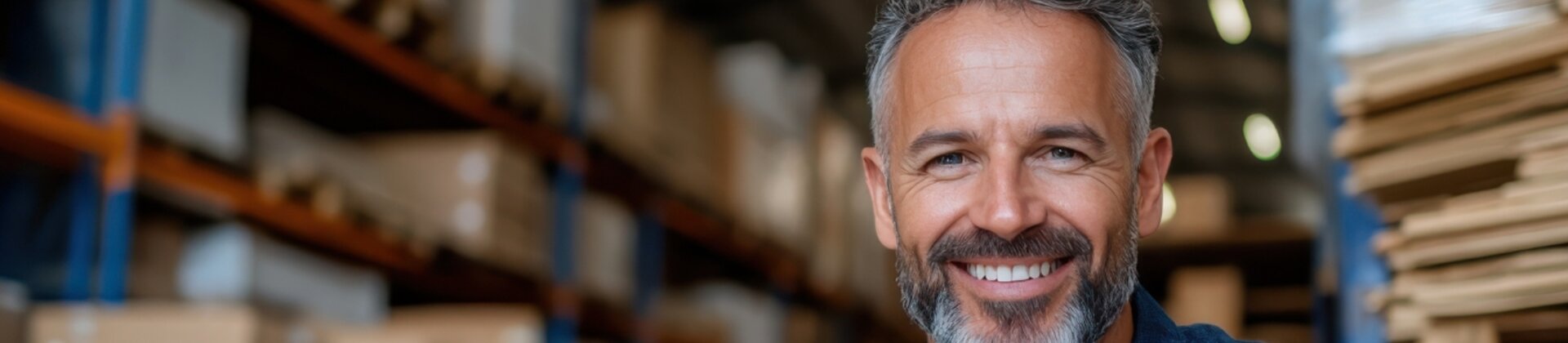 Ein gut gelaunter Lagerarbeiter sitzt vor seinem Laptop inmitten gestapelter Kartons.