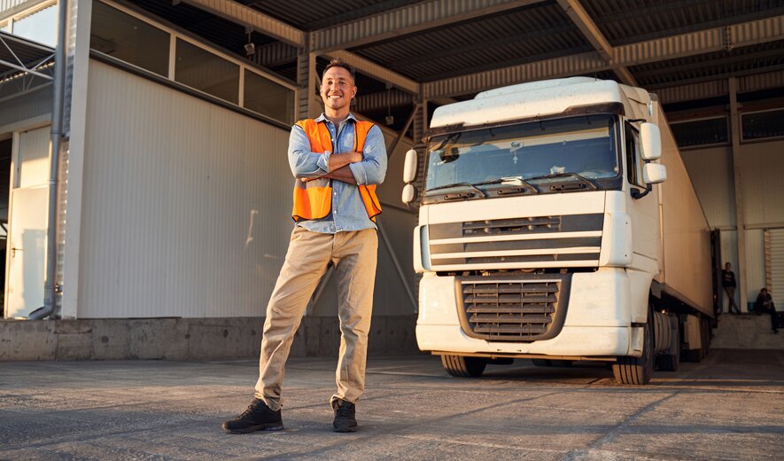 Ein Mann in Warnweste steht selbstbewusst vor einem großen Lkw auf einem Betriebshof.