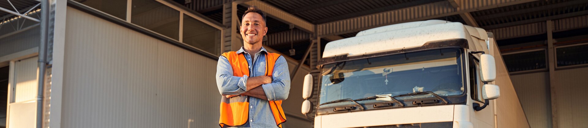 Ein Mann in Warnweste steht selbstbewusst vor einem großen Lkw auf einem Betriebshof.