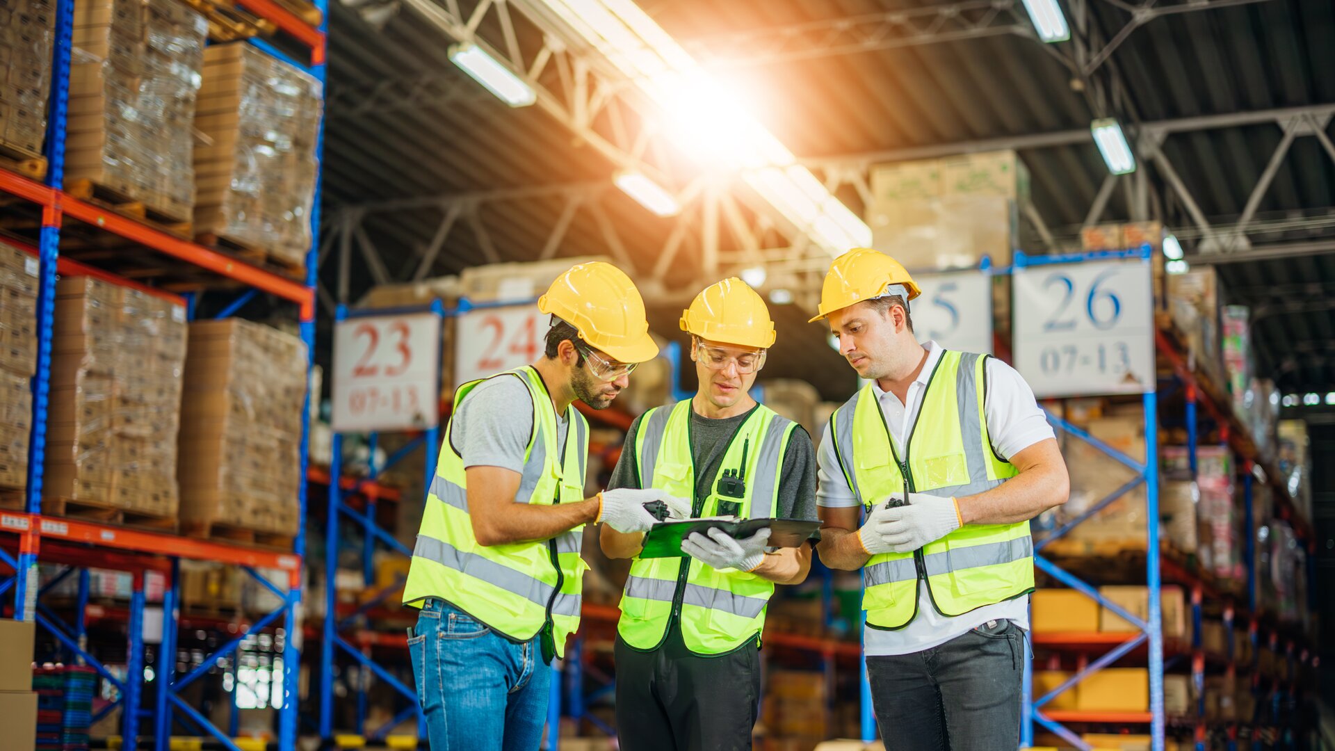 Drei Lagerarbeiter in Schutzwesten und Helmen besprechen gemeinsam Informationen auf einem Tablet mitten in einem großen Warenlager.