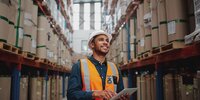 Ein Lagerarbeiter mit Helm und Warnweste prüft Bestände auf einem Tablet zwischen hohen Regalen.